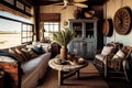 vintage beachfront villa with abundant natural light, wicker furniture and rustic details