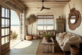 vintage beachfront villa with abundant natural light, wicker furniture and rustic details