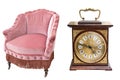 Vintage beautiful pink velor armchairs on wheels and wooden antique clock isolated on white background Royalty Free Stock Photo