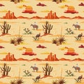 Vintage beautiful seamless desert illustration pattern. Landscape with cactus, mountains, cowboy on horse, sunset