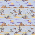 Vintage beautiful seamless desert illustration pattern. Landscape with cactus, mountains, cowboy on horse, sunset