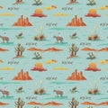 Vintage beautiful seamless desert illustration pattern. Landscape with cactus, mountains, cowboy on horse, sunset Royalty Free Stock Photo