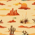 Vintage beautiful seamless desert illustration pattern. Landscape with cactus, mountains, cowboy on horse, sunset Royalty Free Stock Photo