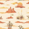 Vintage beautiful seamless desert illustration pattern. Landscape with cactus, mountains, cowboy on horse, sunset Royalty Free Stock Photo