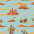 Vintage beautiful seamless desert illustration pattern. Landscape with cactus, mountains, cowboy on horse, sunset Royalty Free Stock Photo