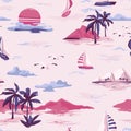 Vintage Beautiful seamless island pattern on white background. Landscape with palm trees, yacht, beach and ocean hand drawn style Royalty Free Stock Photo