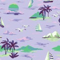Vintage Beautiful seamless island pattern on white background. Landscape with palm trees, yacht, beach and ocean hand drawn style