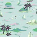 Vintage Beautiful seamless island pattern on white background. Landscape with palm trees, yacht, beach and ocean hand drawn style Royalty Free Stock Photo