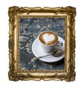 Vintage beautiful silver rectangular frame with an ornament, espresso macchiato coffee with foam heart isolated on white. Retro Royalty Free Stock Photo