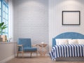 Vintage bedroom with blue furniture 3d rendering image.