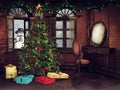 Vintage bedroom with a Christmas tree Royalty Free Stock Photo