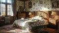 Vintage bedroom interior with floral wallpaper and wooden furniture Royalty Free Stock Photo