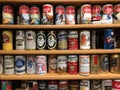 Vintage Beer Cans on Display Shelf