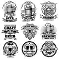 Vintage beer drink bar vector labels. Retro brewery emblems and logos with hops and mug