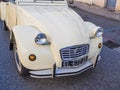 Vintage beige Citroen 2CV with fabric hinged top. Classic car exhibition in Loriol sur Drome, France. Royalty Free Stock Photo