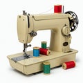 Vintage beige sewing machine featuring a handwheel, stitch selector, and needle Royalty Free Stock Photo