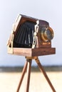 Brihuega, Spain 01/12/2020 Vintage bellows camera with wooden tripod