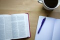 Vintage Bible study with pen view from the top with coffee Royalty Free Stock Photo