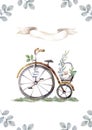 Vintage bicycle with basket flowers. Spring watercolor illustration for greeting, invite card for text