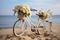Vintage bicycle at beach in morning with wicker basket and flowers