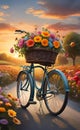 A vintage bicycle with bright flowers in a basket stands on an empty road against the backdrop Royalty Free Stock Photo