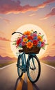 A vintage bicycle with bright flowers in a basket stands on an empty road against the backdrop Royalty Free Stock Photo