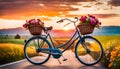 A vintage bicycle with bright flowers in a basket stands on an empty road against the backdrop Royalty Free Stock Photo