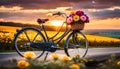 A vintage bicycle with bright flowers in a basket stands on an empty road against the backdrop Royalty Free Stock Photo