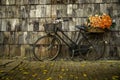 Vintage bicycle decorated with flowers in basket parked in near old  wooden wall Royalty Free Stock Photo