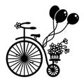 Vintage bicycle with flowers and ballons. Vector graphic illustration of old-style bike silhouette for print isolated Royalty Free Stock Photo