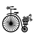 Vintage bicycle with flowers in wicker basket. Vector graphic illustration of old-style bike silhouette for print isolated on Royalty Free Stock Photo