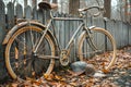 Vintage bicycle leaning against a wooden fence in the autumn park. Royalty Free Stock Photo