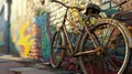 a vintage bicycle leaning casually against a vibrant brick wall adorned with colorful street art Royalty Free Stock Photo