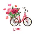 Vintage bicycle with pink and red rose flowers in basket, hearts, text Love. Watercolor illustration for Valentine day Royalty Free Stock Photo