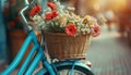 A vintage bicycle\'s details, including a meticulously arranged flower basket