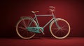 a vintage bicycle set against a rich burgundy backdrop, with flawless lighting to highlight the intricate features and textures of