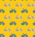 Vintage bicycle for sport in green yellow seamless pattern. Retro bike background concept for World Bicycle Day. Generative AI Royalty Free Stock Photo