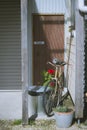 Vintage bicycle on vintage wooden house wall Royalty Free Stock Photo