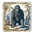 Vintage Bigfoot Postage Stamp With Detailed Monotone Illustration