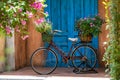 Vintage bike with basket full of flowers next to an old building in Danang, Vietnam, close up Royalty Free Stock Photo