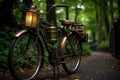 vintage bike with lantern light attached to handlebars