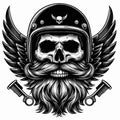 Vintage Biker Style Skull with Beard, Mustache, and Retro Helmet Vector Royalty Free Stock Photo