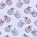 Vintage bikes on abstract purple background seamless pattern, editable vector illustration for decoration, fabric, textile, paper,