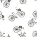 Vintage bikes black lines silhouettes on white background seamless pattern, editable vector illustration for decoration, fabric,