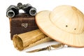 vintage binoculars, camera bag, papyrus, safari hat and periplus Royalty Free Stock Photo