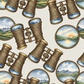 Vintage Binoculars with Scenic Landscapes Pattern Royalty Free Stock Photo