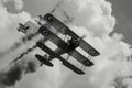 A vintage biplane with distinct black and white coloring gracefully soars through the sky, World War I biplane in a dogfight with Royalty Free Stock Photo