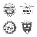 Vintage biplane and monoplane emblems vector set. Airplane  aircraft logos Royalty Free Stock Photo