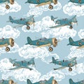 Vintage Biplanes Flying Through Clouds Seamless Pattern Royalty Free Stock Photo