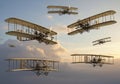 Vintage biplanes soaring through the sky during sunset Royalty Free Stock Photo